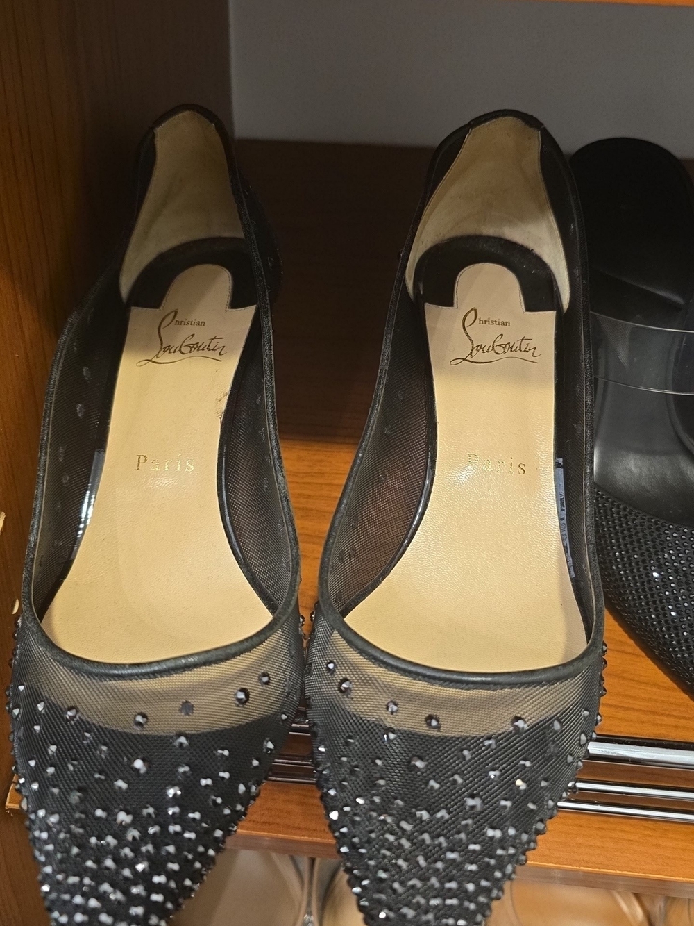Christian Louboutin Black Mesh Pointed Flats with Stud Embellishments